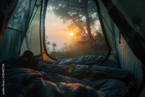 sunrise photo of a camper waking up inside a tent, highlighting the early morning freshness and the promise of a new day during a weekend camping retreat