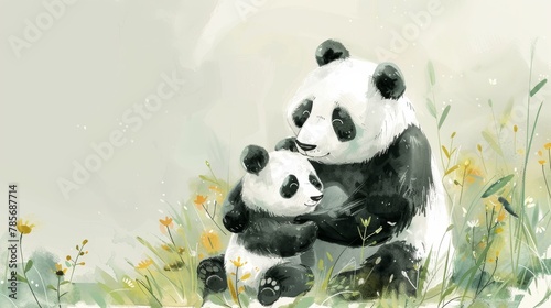 Tender Moment: Panda Mother and Cub in Watercolor Generative AI