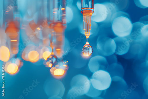 blurred ampoules with medicine against a serene blue backdrop, symbolizing the therapeutic potential and reliability of modern pharmaceuticals,