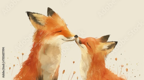 Minimalist Watercolor Children's Book Illustration of Affectionate Fox Couple Generative AI