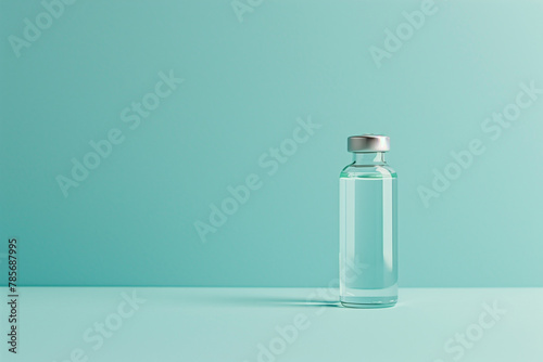 minimalist photo of flu shot vial dose of liquid against a serene blue background, emphasizing the simplicity and efficacy of preventive healthcare measures,
