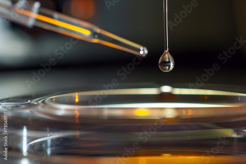 precision of laboratory techniques as a single drop of liquid is released from a pipette during a biomedical test, demonstrating the meticulous attention to detail required in scie