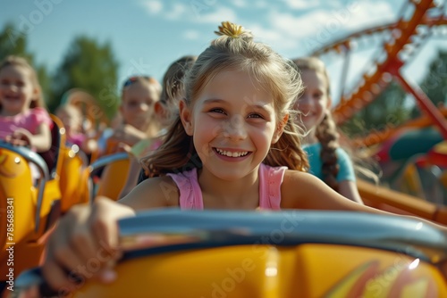 Girl having fun on a roller coaster in a sunny day