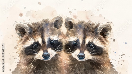 Minimalist Watercolor Illustration of Two Loving Baby Raccoons Generative AI