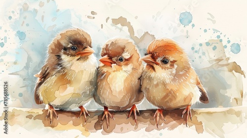 Minimalist Watercolor Illustration of Three Happy Baby Sparrows Generative AI photo