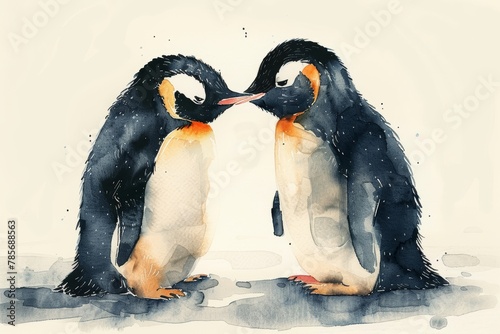 Minimalist Watercolor Childrens Book Illustration of Two Loving Baby Penguins Generative AI photo