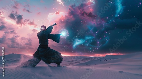 Tai-chi poses on a white sand dunescape, controlling the galaxy with arm