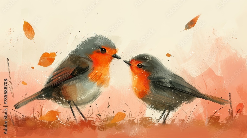 Minimalist Watercolor Illustration of Two Joyful Robins Generative AI