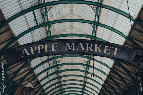 Close up of an Apple Market sign in Covent Garden Market  London  UK.