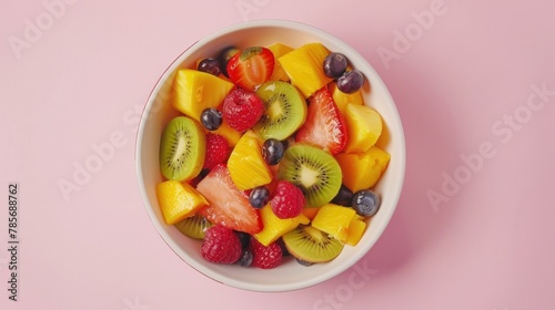 A vibrant bowl of fresh fruit salad, artistically arranged and presented on a pink background, viewed from above