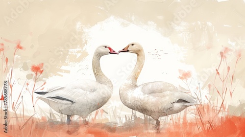 Minimalist Watercolor Illustration of Affectionate Geese Couple Generative AI