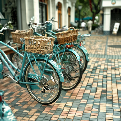 Vintage Teal Bicycles with Baskets Parked in Urban Setting