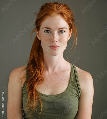 Portrait of beautiful ginger dreamy girl with freckles smiling. Young woman with red hair. Studio background.