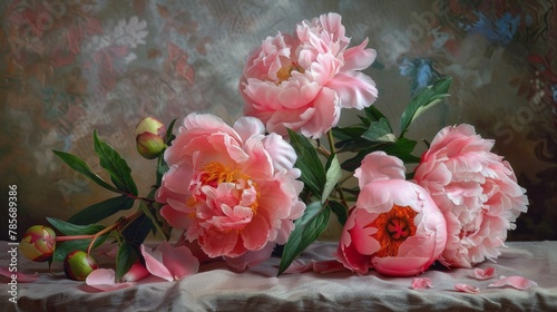 Lush pink peonies arranged beautifully on a light surface, their full blooms offering a vibrant and romantic display