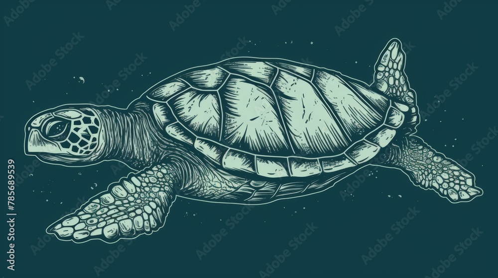 Obraz premium Stylized Linocut Art of a Swimming Sea Turtle Generative AI