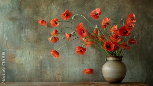 A serene still life setup featuring an ikebana arrangement with poppies, artfully positioned to evoke a sense of peace and traditional beauty