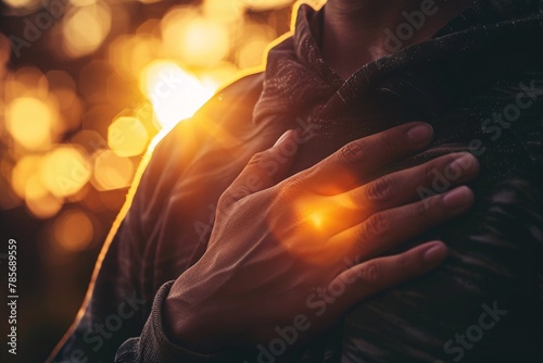 Person clutching their chest due to heartburn, warm lighting, close-up shot 01