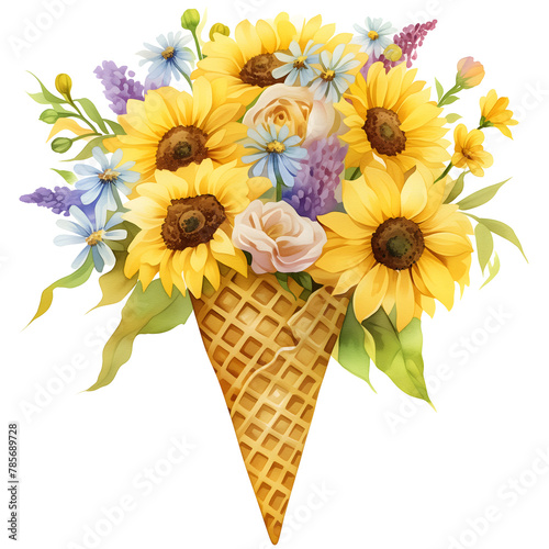 Beautiful watercolor illustration of summer sunflower bouquet in a waffle cone. Artistic clipart design element isolated
