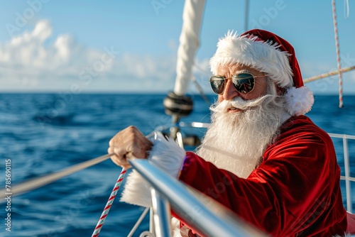 Lifelike portrait of Father Christmas sailing on a yacht in summer, enjoying blue skies and clear waters