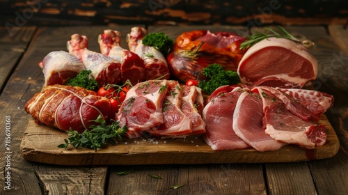 An array of fresh meats including pork, beef, turkey, and chicken displayed on a wooden table, perfect for culinary themes