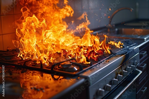 Intense close-up modern kitchen ablaze fire flames inferno devastation 02