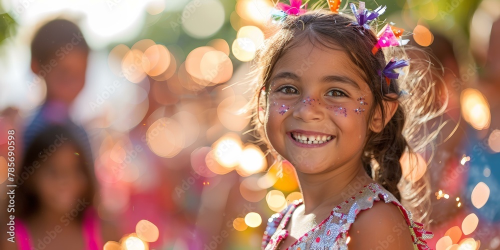 Radiant young girl with festive decorations, joyous summer event vibe, warm tones, blurry multicolored lights background, outdoor celebration theme. Copy space. Radiant young girl with festive decorations, joyous summer event vibe, warm tones, blurry multicolored lights background, outdoor celebration theme. Copy space.