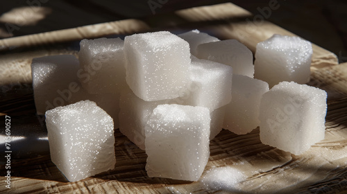 Sugar cubes bathed in sunlight with distinct shadows on a woven mat. © Jan
