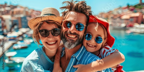 Joyful family vacation selfie with one man, one woman, and one child wearing sunglasses by the marina, sunny summer day, travel theme.