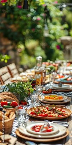 Scenic outdoor summer garden party table setting with delicious fresh food, sunlight, and bokeh background.