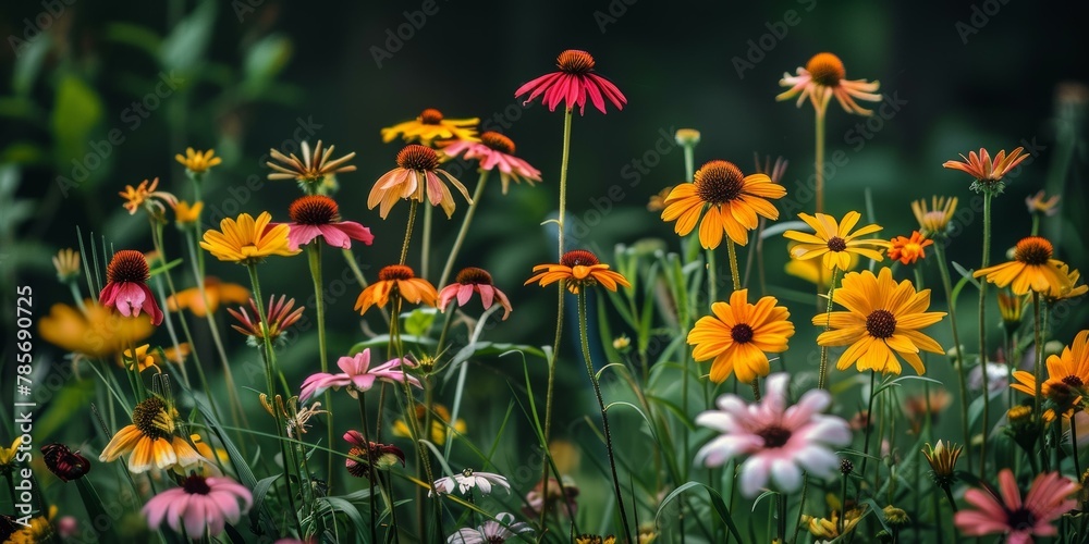 Vibrant summer meadow with multiple orange, yellow, and pink echinacea flowers in full bloom, nature background concept.
