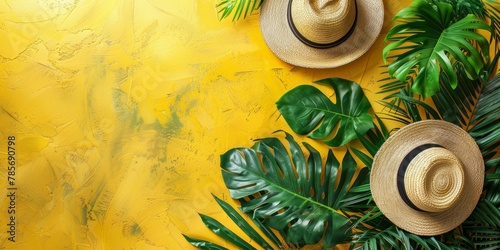 Vibrant summer concept with two straw hats and tropical leaves on yellow background, holiday theme, travel and leisure. Copy space.