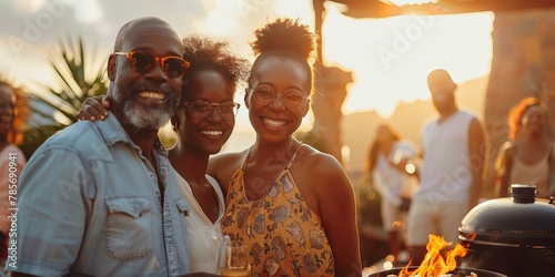 Joyful African American family enjoying a summer barbecue party at sunset, warm colors, event celebrations theme.