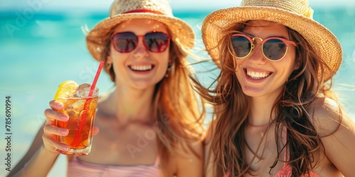 Joyful beach outing with two smiling Caucasian women in straw hats and sunglasses, one holding an orange cocktail, with a vibrant turquoise sea backdrop.