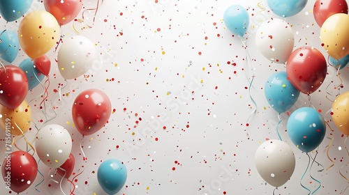 party celebration frame with balloons streamers confetti and vibrant decorations with copy space for designing carnival event or birthday party themes and decor
 photo