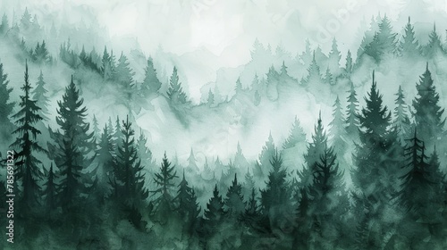 Misty Watercolor Pine Forest Greeting Card Generative AI