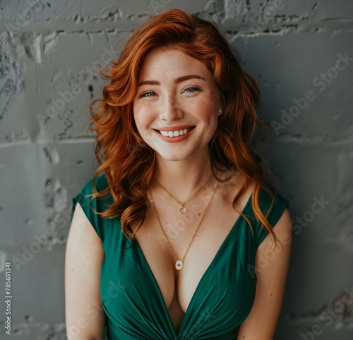 Portrait of beautiful ginger dreamy girl with freckles smiling. Young woman with red wavy hair in a green dress. Studio background.
