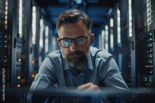 IT expert with glasses manages digital screens in data center, ensuring network stability.