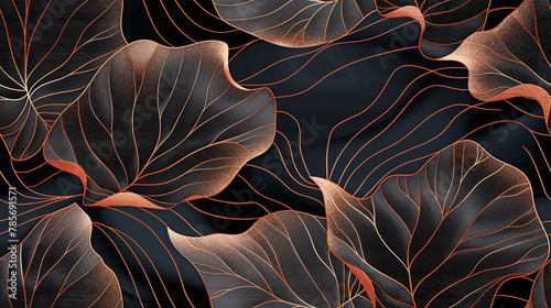 seamless wallpaper of illustrated plant leaves, copper and black colors, sleek, elegant photo