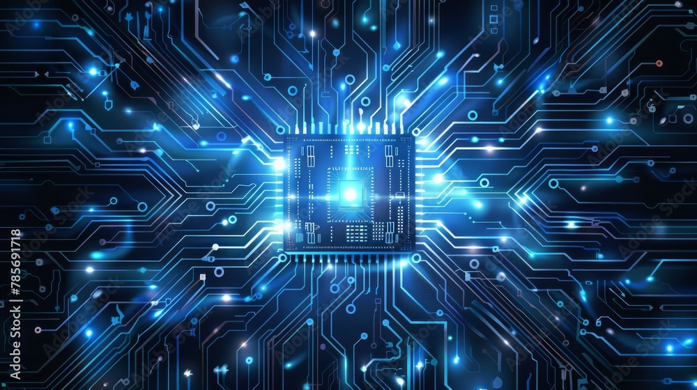 A detailed representation of technology with a focus on a chip processor, circuit board, and HTML code overlay