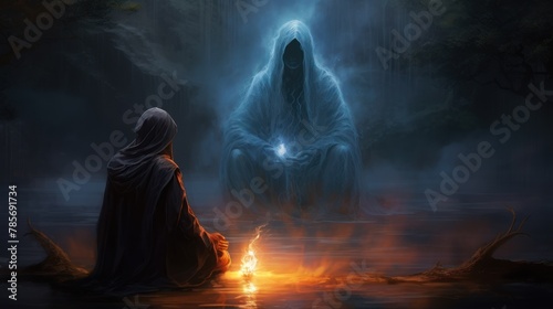 A hooded figure sits cross-legged in front of a fire and holds a glowing blue orb. Another hooded figure sits in the foreground. The action takes place at night, with trees in the background.