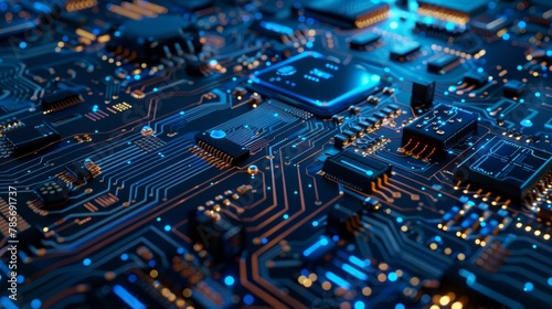 A detailed representation of technology with a focus on a chip processor  circuit board  and HTML code overlay