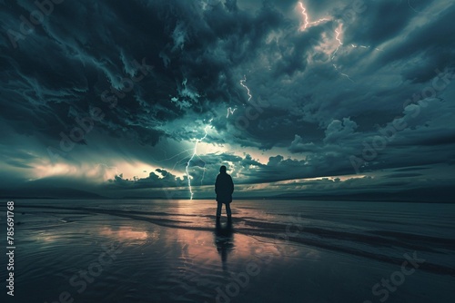 Dramatic scene person standing alone midst lightning storm unwavering stance testament inner strength atmospheric weather dramatic resilience boldness