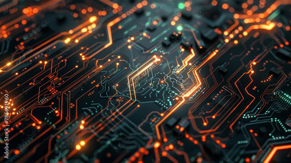 A detailed depiction of an electronic circuit board or motherboard, featuring intricate lines and dots connecting various components A detailed depiction of an electronic circuit board or motherboard, featuring intricate lines and dots connecting various components