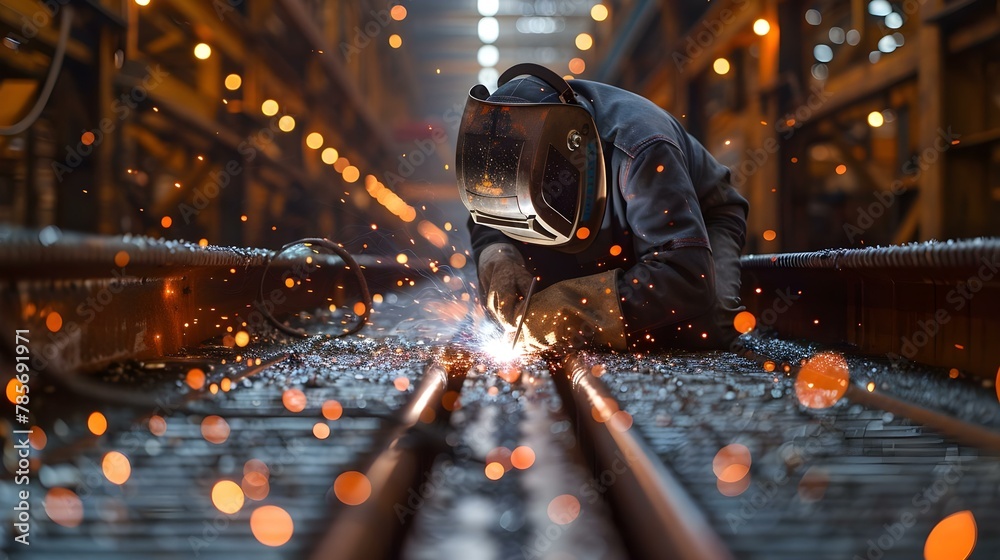 Welder at Work: Sparks of Precision in Industrial Symphony. Concept Industrial Symphony, Precision Welding, Art of Sparks, Metal Fabrication, Welding Techniques - obrazy, fototapety, plakaty 