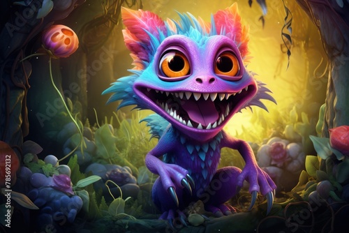 A purple-blue monster with orange eyes and pink, blue and purple hair. He has a wide smile and sharp teeth. He is standing in the jungle. The background is yellow-orange.