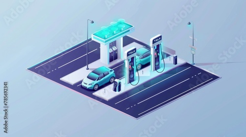 An isometric view of a gas station featuring a modern charging column for electric vehicles