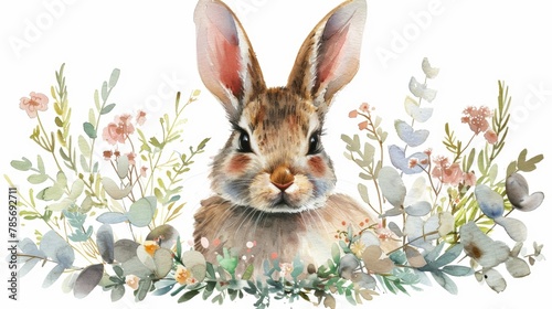 Watercolor Bunny with Floral Wreath Painting Generative AI
