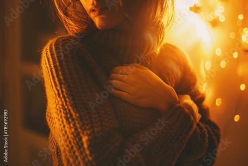 Close-up of a woman clutching her abdomen in excruciating pain, warm yellow lighting 01