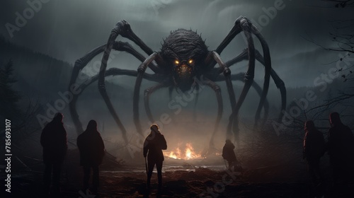 A giant arachnid monster towering over a group of people gathered around a fire. The people are dressed in dark cloaks with hoods, and the fire emits a warm orange glow. photo