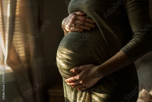 Close-up of a pregnant woman's hands on her belly, soft lighting, peaceful expression 01